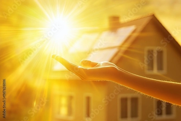 Fototapeta Sunlight Streaming From a Hand Towards a House With Solar Panels in the Background During a Bright Afternoon