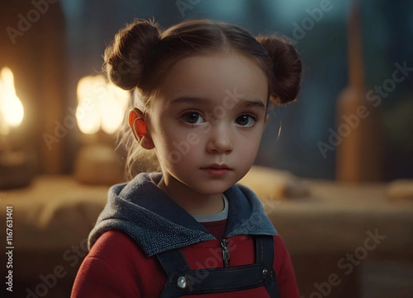 Obraz Young girl with serious expression posing in rustic interior