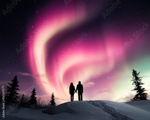 Fototapeta Couples Silhouetted Against the Aurora Borealis in Valentine’s Theme, a realistic photo of two people holding hands on a snowy hill, with the aurora glowing in romantic shades of pink and purple above