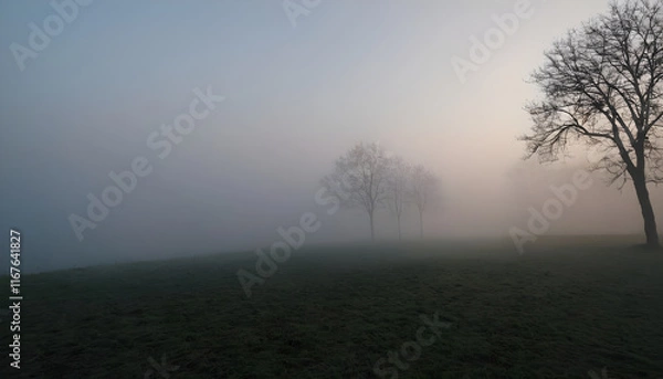 Fototapeta Bare trees disappearing into the fog on a cold winter morning