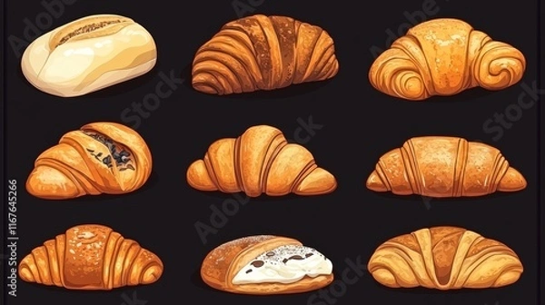 Obraz Set of Croissants: French Pastry, Bakery Products, Culinary Art, Isolated Food Presentation