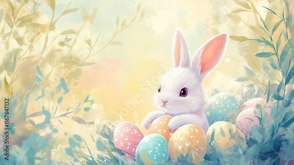 Fototapeta A white bunny against the backdrop of a gentle spring landscape with Easter eggs in pastel colors. The background is done in soft, warm shades with abstract elements of foliage and flowers.