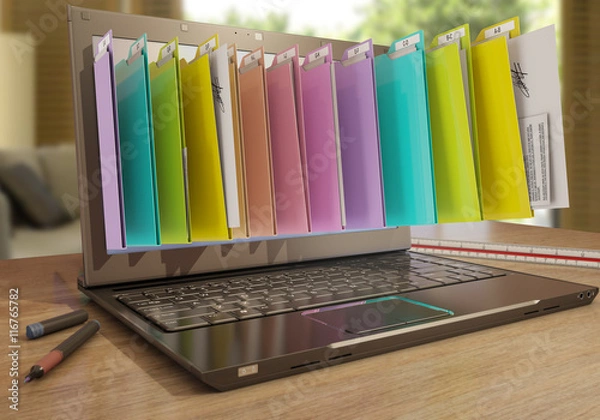 Obraz Plik w bazie danych - laptop z folderami, rendering 3D