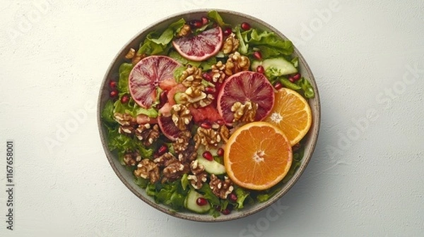 Fototapeta Citrus, pomegranate, walnut salad in bowl on white background.