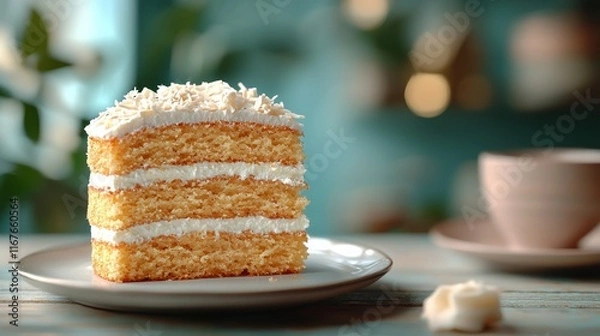 Obraz Coconut cake slice on plate, blurred cafe background.