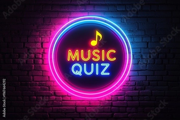 Fototapeta A neon "Music Quiz" sign with a musical note glowing in vivid colors against a dark brick wall background. Great for entertainment, music-themed events, and trivia promotions.