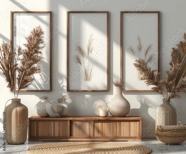 Fototapeta Elegant Minimalist Design with White Picture Frames on Wooden Sideboard
