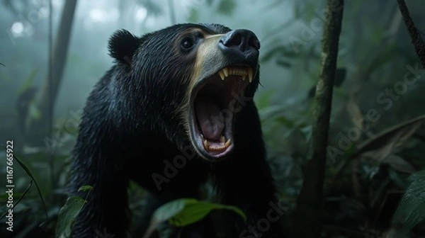 Fototapeta A Spectacled Bear roars in a misty rainforest, showcasing its teeth and powerful presence.