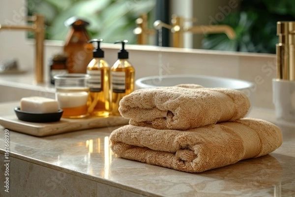 Obraz Scandinavian Bathroom with Towels and Soap Bottle – Warm Beige Interior Design