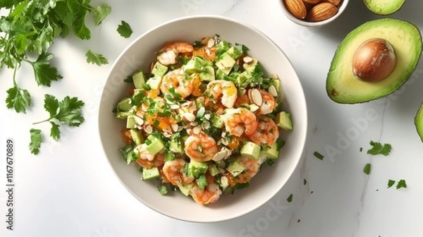Fototapeta Fresh shrimp salad with avocado and citrus on a marble countertop