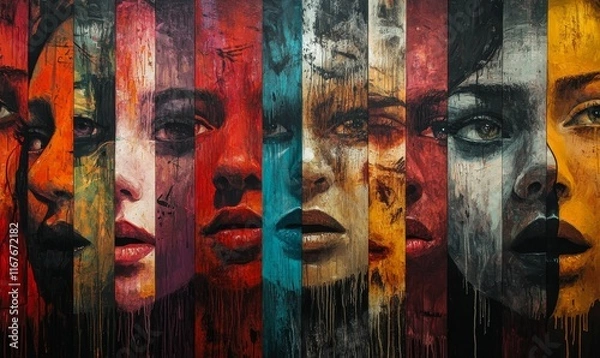 Fototapeta Abstract painted faces, colorful, vertical stripes.