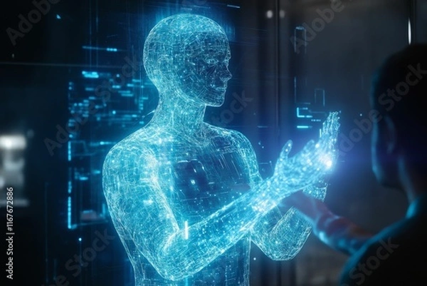 Fototapeta Person interacts with glowing digital human form.