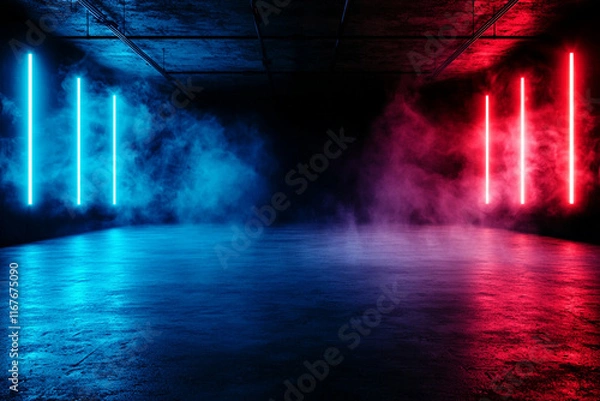 Obraz dramatic empty space illuminated by blue and red neon lights, with smoke creating mysterious atmosphere. contrasting colors enhance visual impact