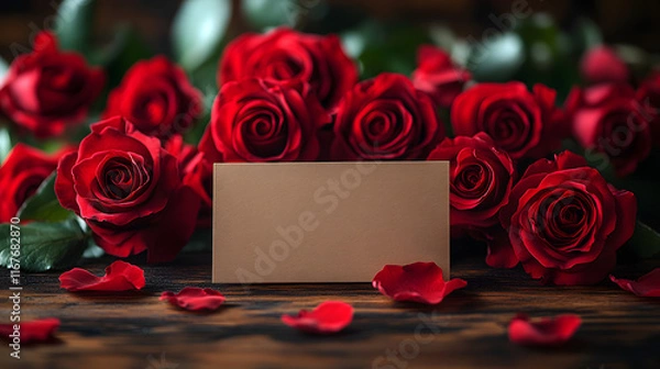Fototapeta Elegant Bouquet of Vibrant Red Roses with Blank Gold Card Amidst a Softly Lit Background of Warm Bokeh Lights, Highlighting Romantic and Celebratory Themes