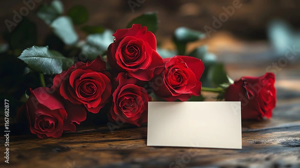 Fototapeta Elegant Bouquet of Vibrant Red Roses with Blank Gold Card Amidst a Softly Lit Background of Warm Bokeh Lights, Highlighting Romantic and Celebratory Themes