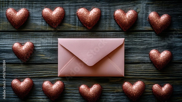Fototapeta Pink Envelope Surrounded by Glittering Red Hearts on Rustic Wooden Background, Symbolizing Love, Romance, and Heartfelt Communication