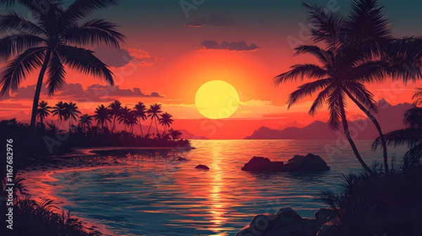 Fototapeta Breathtaking Tropical Sunset Over a Serene Ocean with Silhouettes of Palm Trees Framing the Vibrant Orange and Red Sky, Reflecting on Calm Waters and Distant Mountains