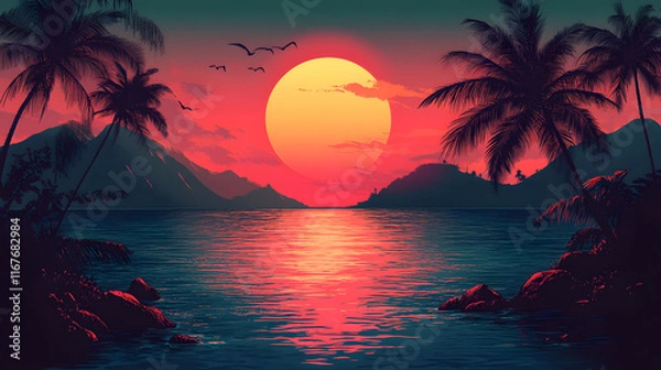 Fototapeta Breathtaking Tropical Sunset Over a Serene Ocean with Silhouettes of Palm Trees Framing the Vibrant Orange and Red Sky, Reflecting on Calm Waters and Distant Mountains