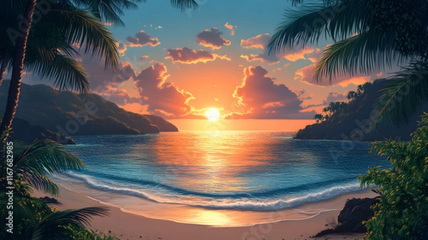 Fototapeta Breathtaking Tropical Sunset on a Secluded Beach with Palm Trees, Calm Ocean Waves, and Vibrant Sky in a Paradise Cove