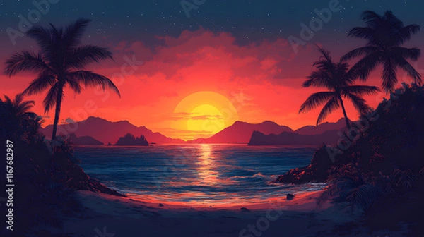 Fototapeta Breathtaking Tropical Sunset Over a Serene Ocean with Silhouettes of Palm Trees Framing the Vibrant Orange and Red Sky, Reflecting on Calm Waters and Distant Mountains