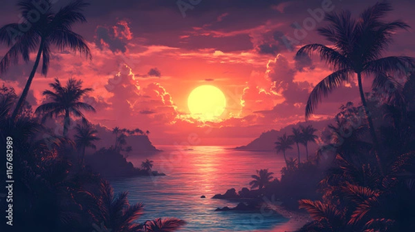 Fototapeta Breathtaking Tropical Sunset Over a Serene Ocean with Silhouettes of Palm Trees Framing the Vibrant Orange and Red Sky, Reflecting on Calm Waters and Distant Mountains