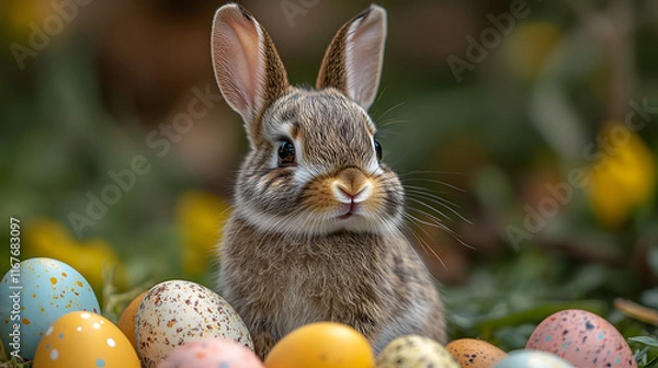 Fototapeta Adorable Brown Bunny Sitting Among Brightly Colored Easter Eggs in a Lush Green Grass Setting with a Soft Focus Background, Celebrating Spring and Festive Traditions