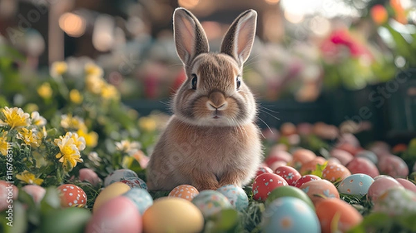 Fototapeta Adorable Brown Bunny Sitting Among Brightly Colored Easter Eggs in a Lush Green Grass Setting with a Soft Focus Background, Celebrating Spring and Festive Traditions