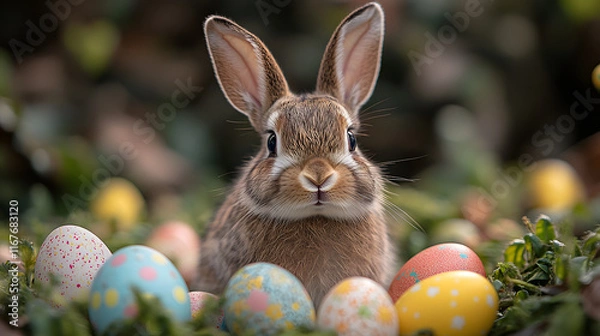 Fototapeta Adorable Brown Bunny Sitting Among Brightly Colored Easter Eggs in a Lush Green Grass Setting with a Soft Focus Background, Celebrating Spring and Festive Traditions