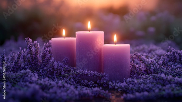 Fototapeta Tranquil Scene of Three Glowing Orange Candles Surrounded by Fresh Lavender Blossoms on a Dark Moody Background, Radiating Warmth and Serenity in a Relaxing Aromatherapy Setting