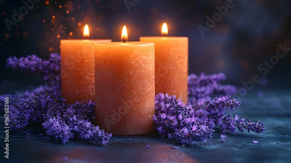 Fototapeta Tranquil Scene of Three Glowing Orange Candles Surrounded by Fresh Lavender Blossoms on a Dark Moody Background, Radiating Warmth and Serenity in a Relaxing Aromatherapy Setting