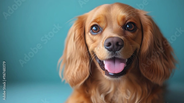 Fototapeta Adorable Close-Up of a Happy Golden Cavalier King Charles Spaniel with Long Floppy Ears and Bright Expressions Against a Cheerful Light Blue Background