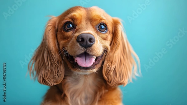 Fototapeta Adorable Close-Up of a Happy Golden Cavalier King Charles Spaniel with Long Floppy Ears and Bright Expressions Against a Cheerful Light Blue Background
