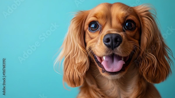 Fototapeta Adorable Close-Up of a Happy Golden Cavalier King Charles Spaniel with Long Floppy Ears and Bright Expressions Against a Cheerful Light Blue Background