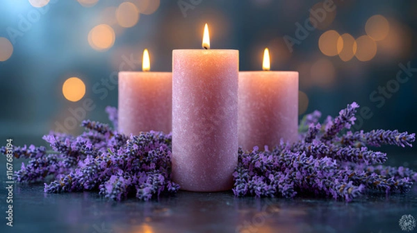 Fototapeta Tranquil Scene of Three Glowing Orange Candles Surrounded by Fresh Lavender Blossoms on a Dark Moody Background, Radiating Warmth and Serenity in a Relaxing Aromatherapy Setting