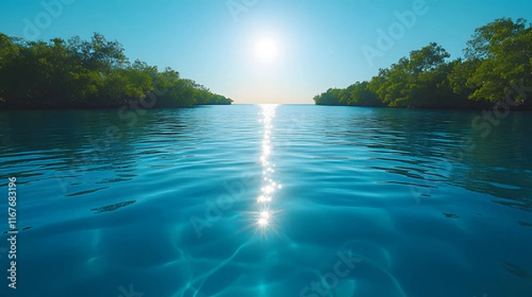 Fototapeta Tranquil Ocean View with Sparkling Sunlight Reflection on Clear Turquoise Waters, Capturing the Serenity and Beauty of an Endless Horizon on a Calm Day