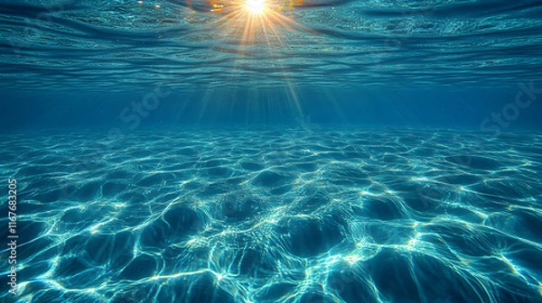 Fototapeta Tranquil Ocean View with Sparkling Sunlight Reflection on Clear Turquoise Waters, Capturing the Serenity and Beauty of an Endless Horizon on a Calm Day