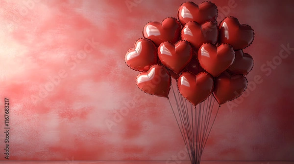 Fototapeta Cluster of Red Heart-Shaped Balloons Floating Against a Soft Warm Light Gradient Background, Evoking Love, Romance, and Festive Celebration with a Minimalistic Aesthetic