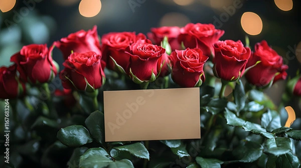 Fototapeta Elegant Bouquet of Vibrant Red Roses with Blank Gold Card Amidst a Softly Lit Background of Warm Bokeh Lights, Highlighting Romantic and Celebratory Themes