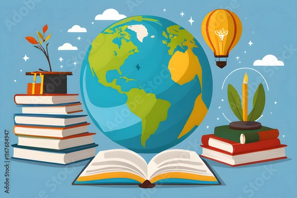 Fototapeta Illustration celebrating the importance of learning with an open book and a world globe