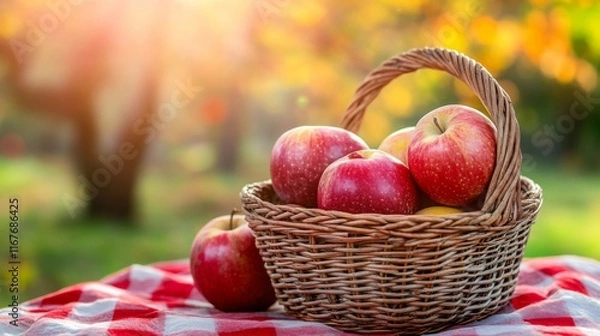 Fototapeta Bright Fruits in a Basket on a Table Outdoors