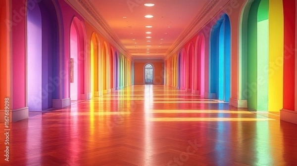 Obraz Colorful arched hallway with vibrant walls and polished wooden floor.