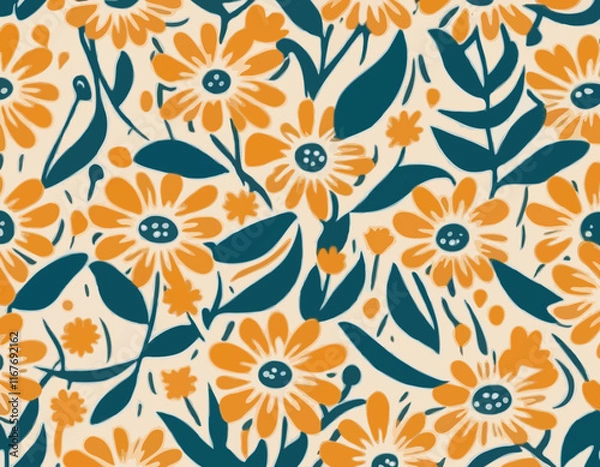 Fototapeta Decorative Boho Seamless Pattern with Daisy Flowers. Vector Floral Groovy Bg. Abstract Retro Background in Matisse Style