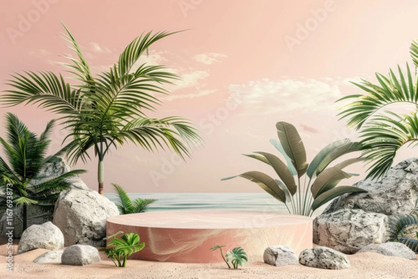 Obraz Minimal Display Podium for Product and Cosmetic Presentations with a Summer Beach Scene. Perfect for Elegant Outdoor Events, Product Launches, and Beachside Showcases.