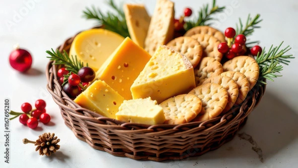 Fototapeta Festive cheese and cracker basket with red berries and evergreen sprigs on a marble background