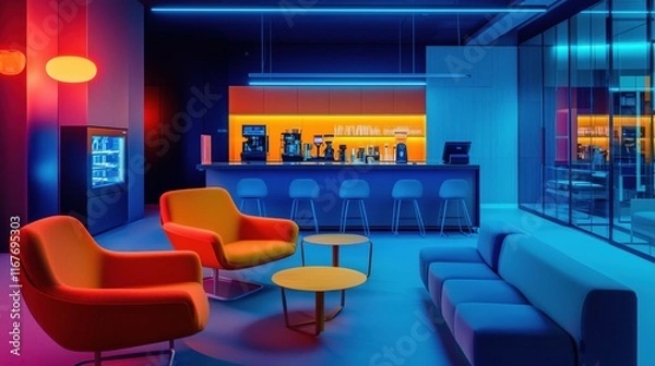 Obraz Modern office break room with colorful lighting and bar
