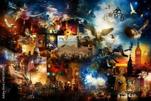 Fototapeta Surreal collage: diverse scenes, celestial elements, birds in flight.