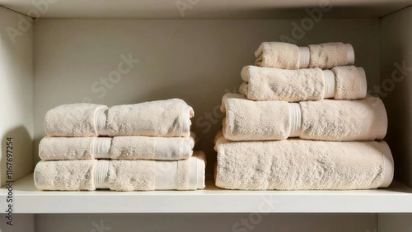 Fototapeta Neatly stacked beige towels on white shelf