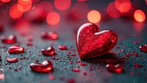 Fototapeta Shimmering red hearts on glittery surface with bokeh lights