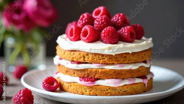 Fototapeta Raspberry layer cake with cream and fresh berries on a white plate
