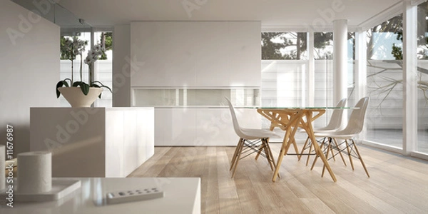 Fototapeta White minimalist interior with dining table